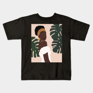 Black Woman Monstera leaves Tropical Kids T-Shirt